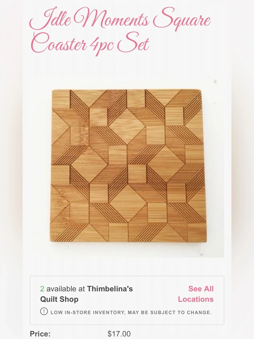 NIB - Built Quilt Idle Moments Bamboo Wood Coasters Set of 4 Geometric Pattern.